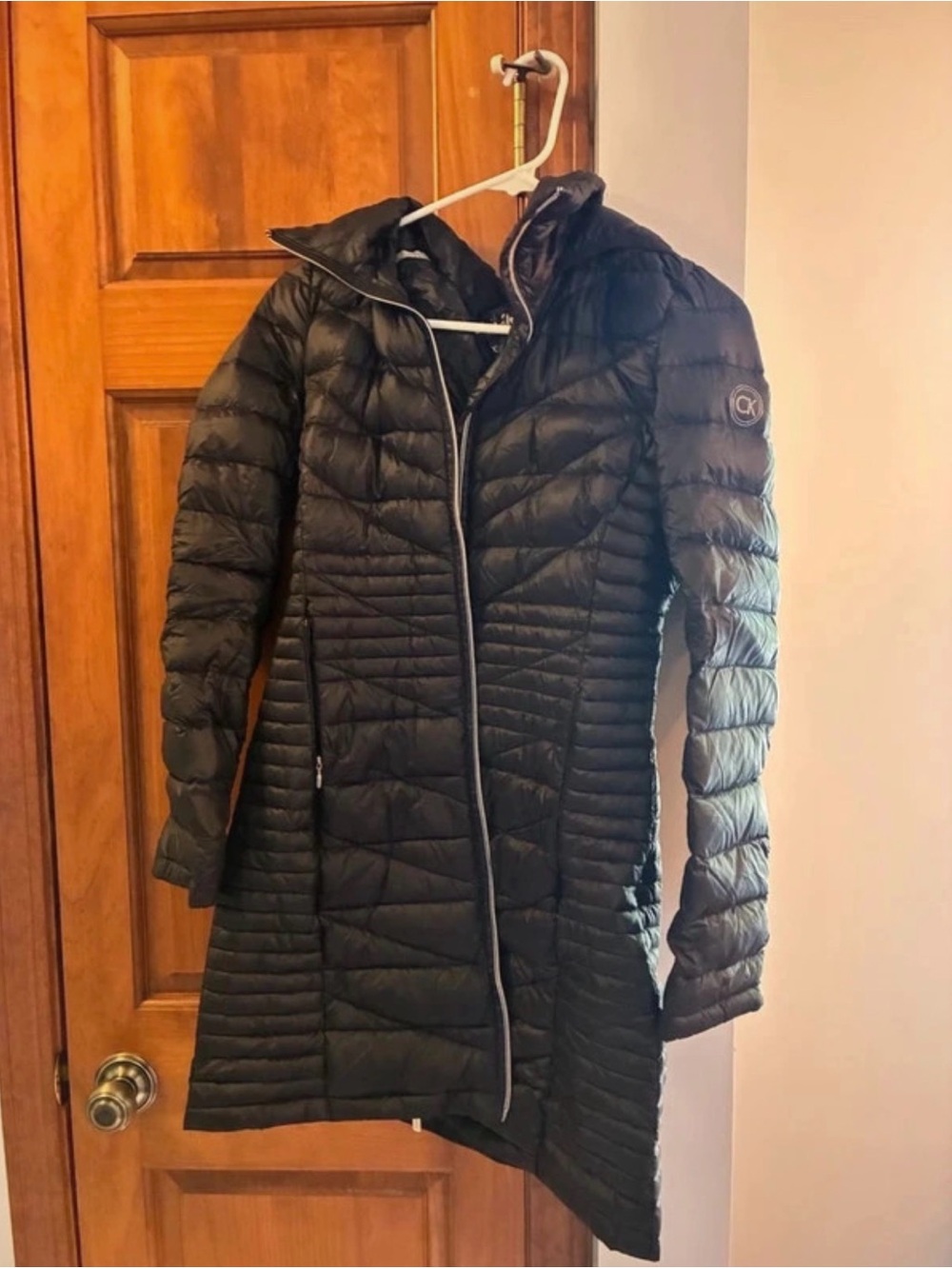 Calvin Klein Black Long Quilted Puffer Coat with Slim Fit